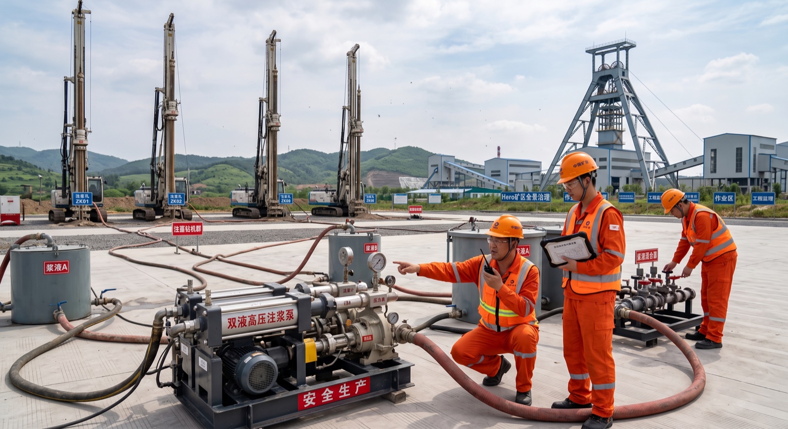 地面注浆钻孔群与高压速凝双液注浆泵作业现场