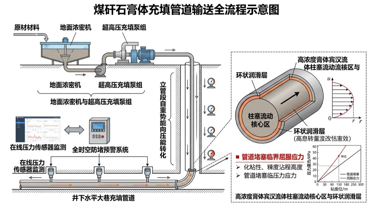 煤矸石膏体管输流变柱塞流核心区-环状润滑层与立管重力势能转化力学模型