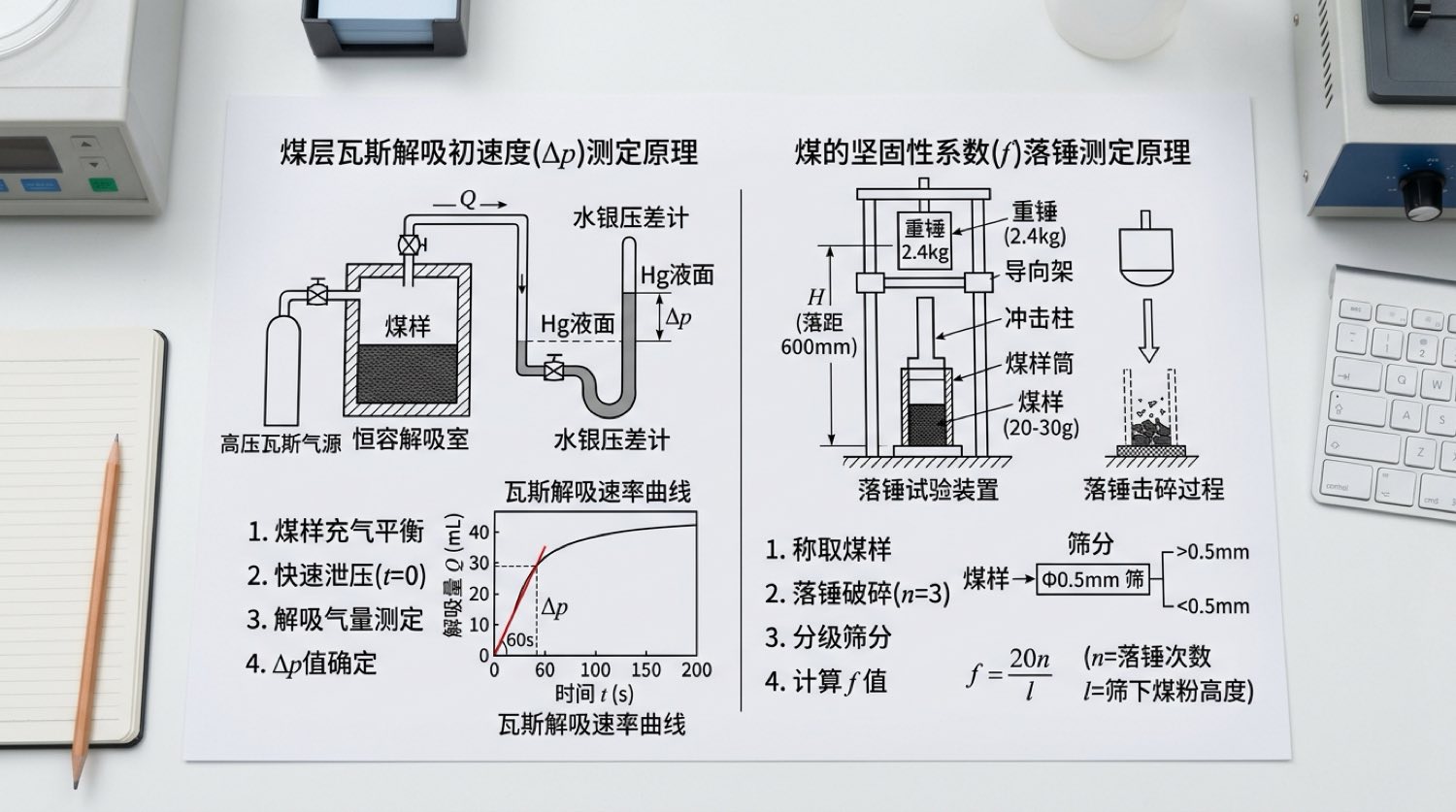 瓦斯放散初速度测定装置与坚固性系数落锤原理图