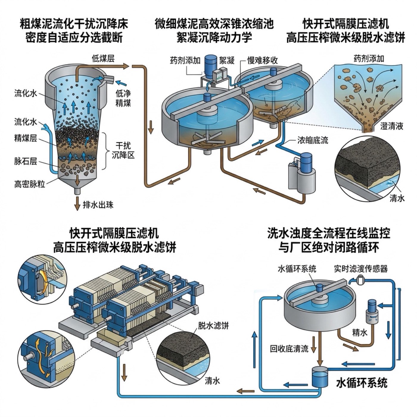 TBS 干扰沉降水力流化床颗粒分选分级与微细煤泥浓缩压滤水质澄清闭路循环拓扑