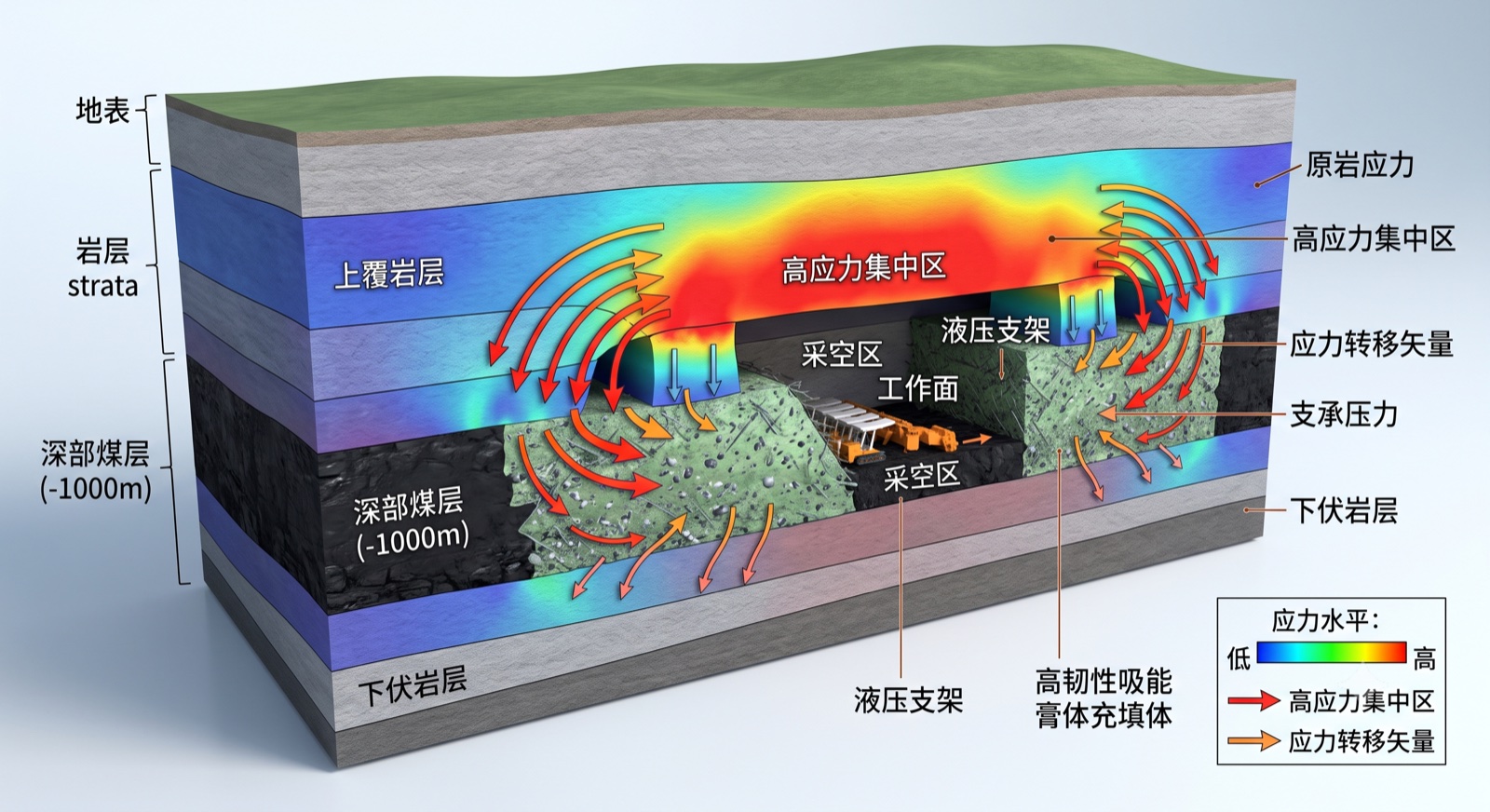 高应力围岩弹性能释放与高韧性膏体充填体吸能减震剖面示意图