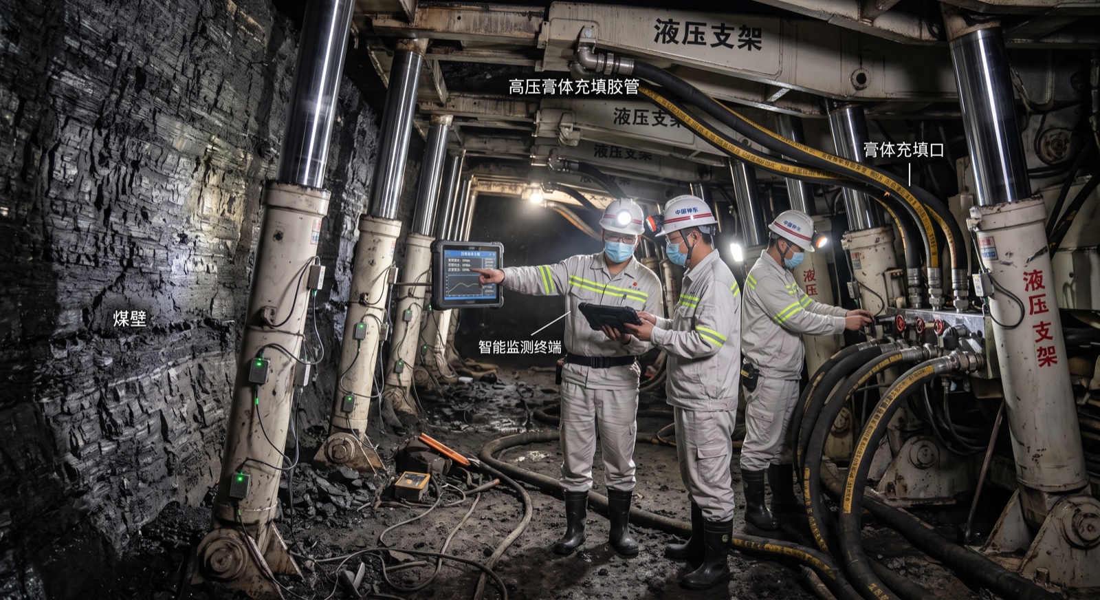 井下综采充填面电液控液压支架与高压注浆现场