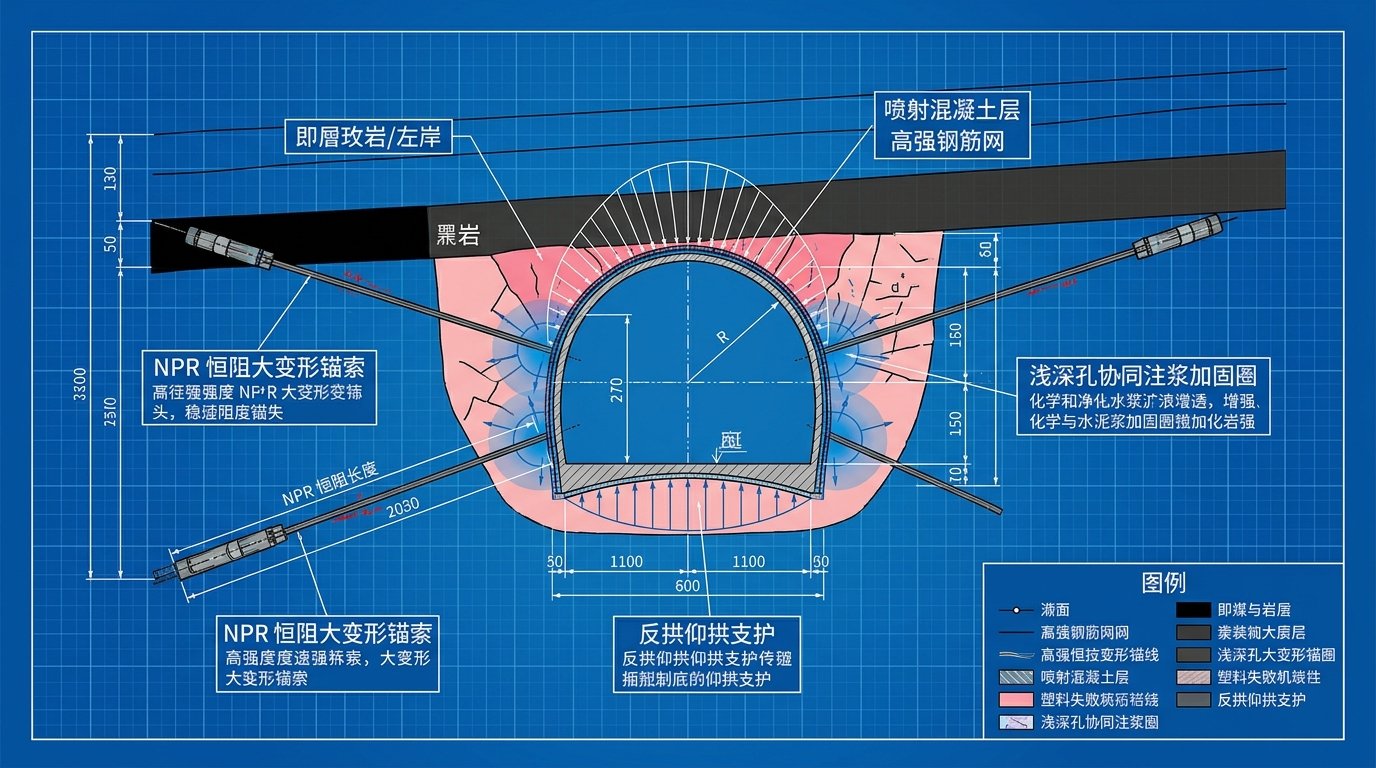 深部高地应力软岩大变形巷道NPR恒阻大变形锚索协同注浆加固机理截面图