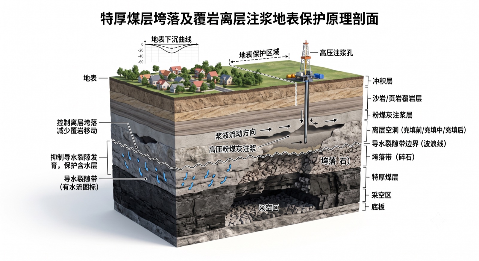 特厚煤层综放开采覆岩导水裂隙带与离层注浆减沉三维结构剖面