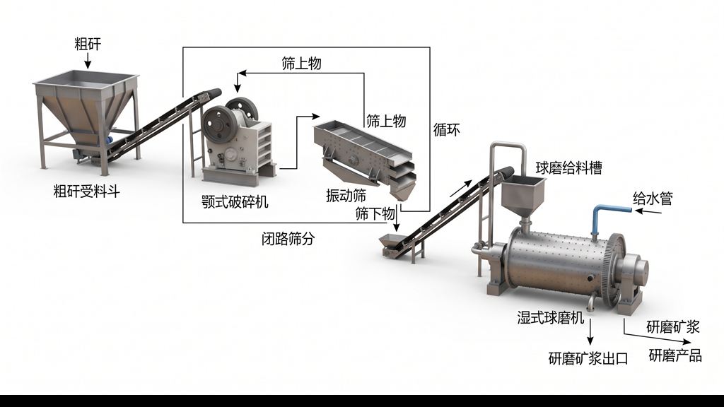 粗矸石初碎筛分与湿式球磨机闭路研磨工艺流程拓扑图