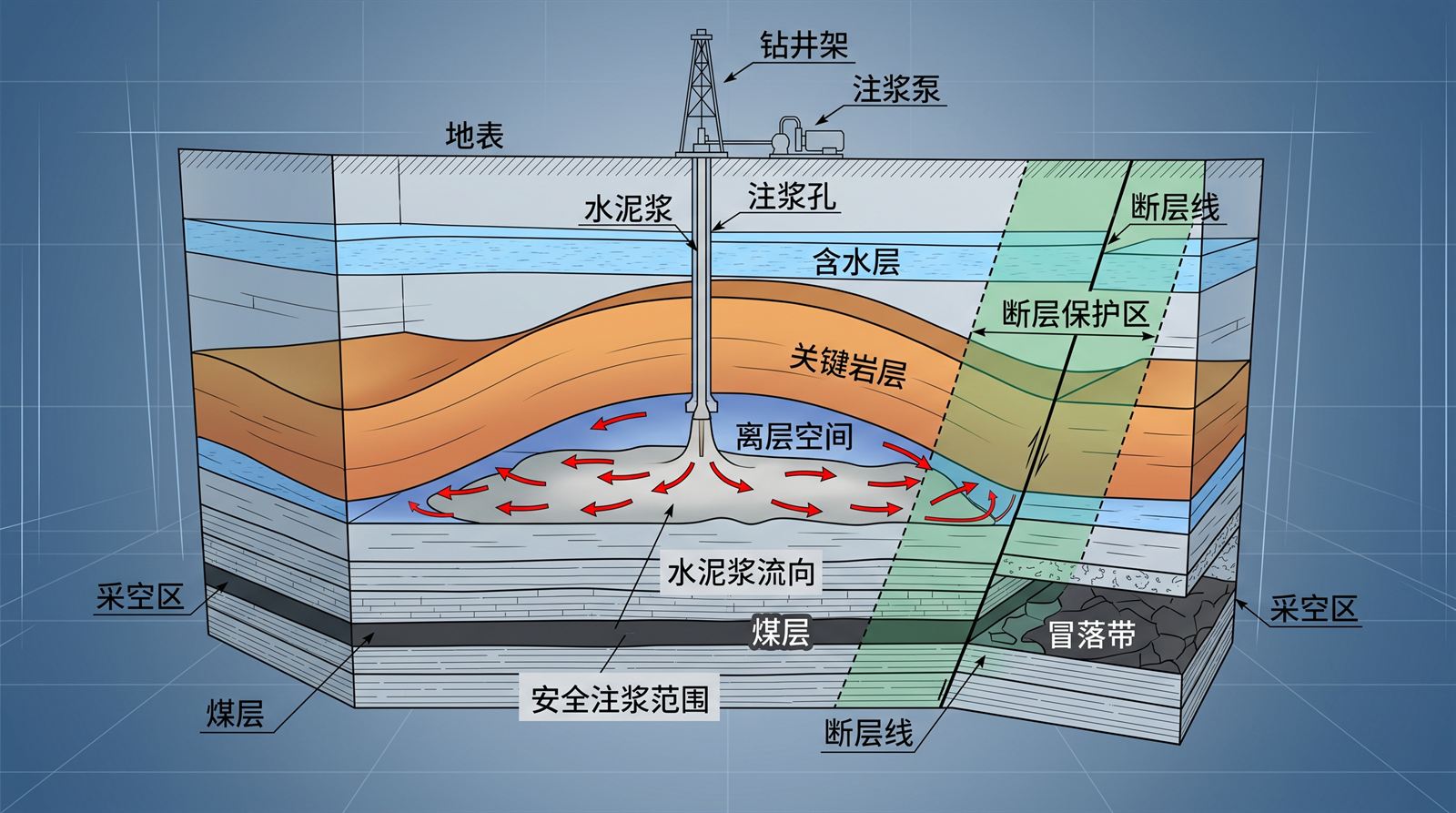 覆岩隔离注浆防跑浆地质构造避让剖面示意