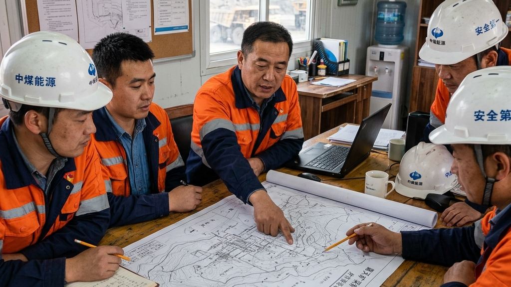 煤矿项目评审室，多位矿井专家与设计总工在审查地表沉降 InSAR 监测图表