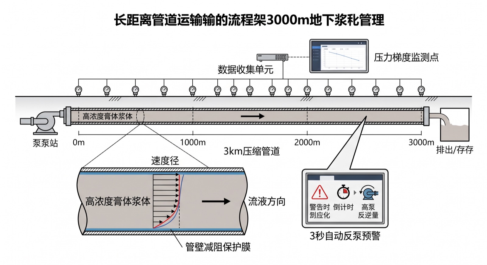 高浓度膏体长距离管道输送与压力阵列监测原理图
