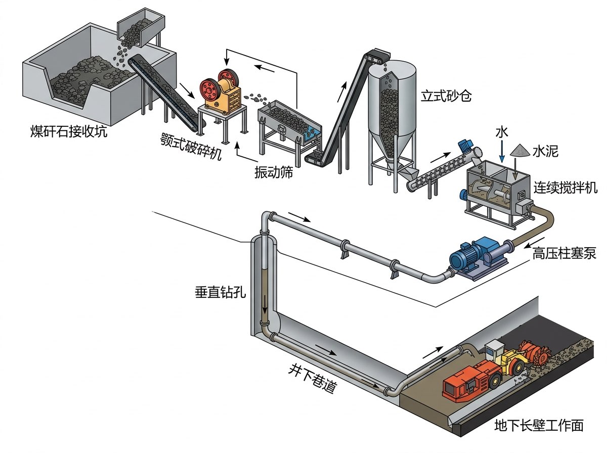 煤矿煤矸石井下充填工程六大子系统全流程三维工程工艺流程图