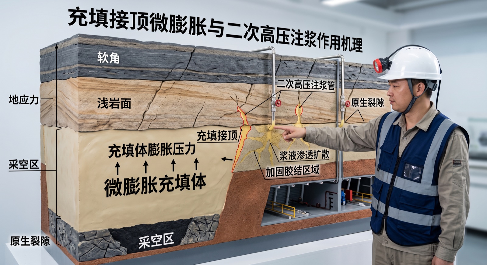 采空区充填接顶微膨胀与二次高压注浆作用机理