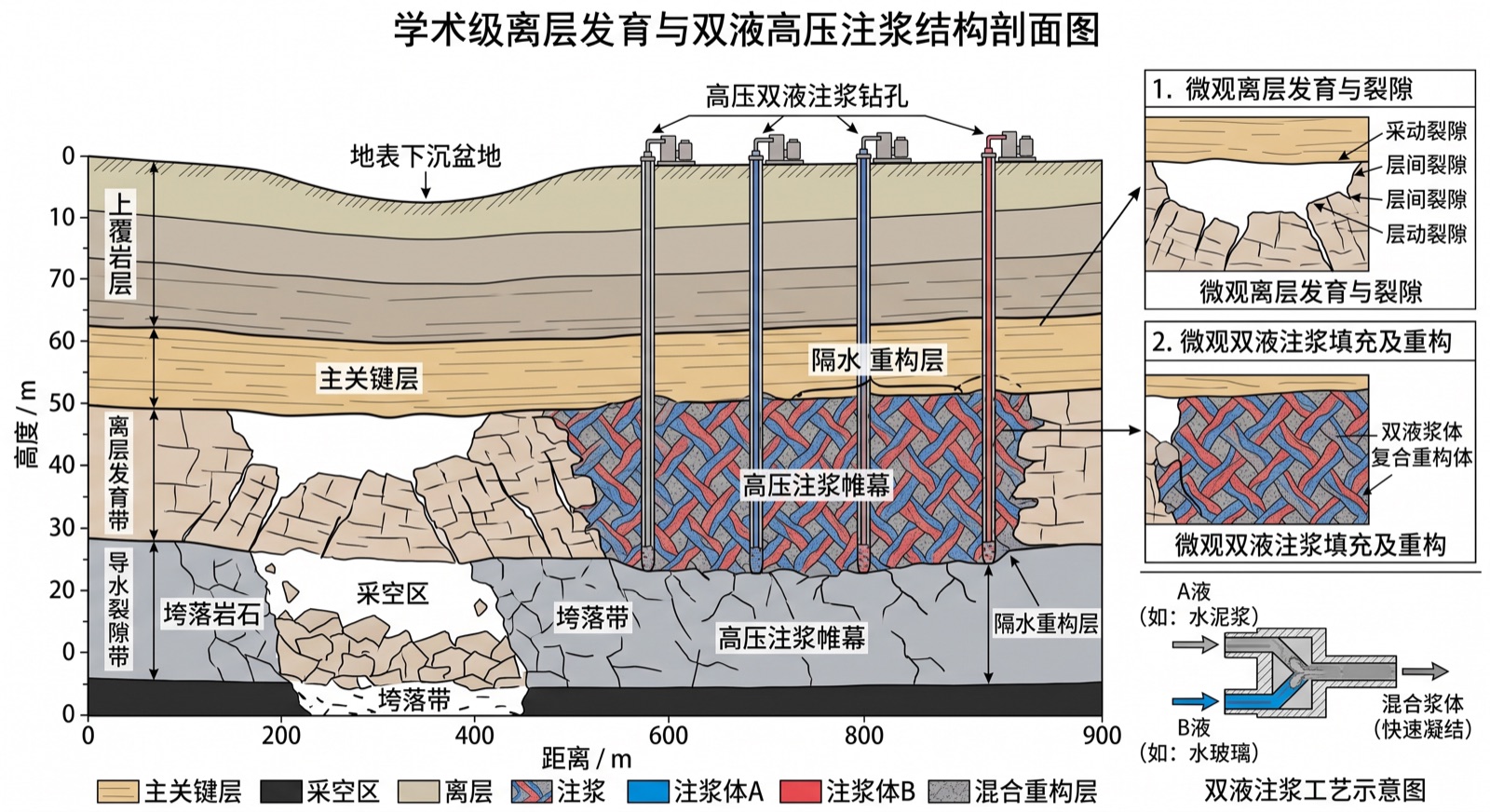 采空区离层带高压注浆与隔水帷幕重构示意图