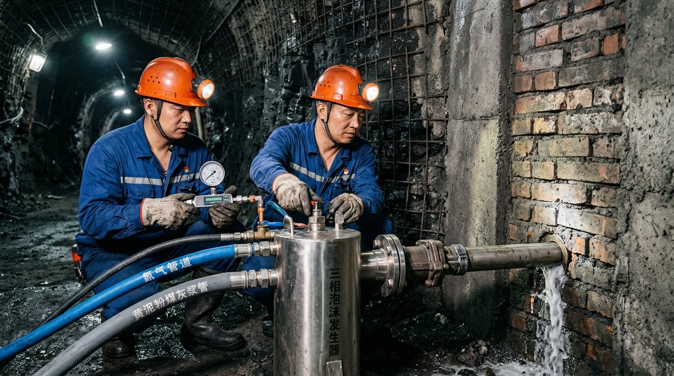 地面大型PSA制氮站与井下采空区密闭墙旁粉煤灰三相泡沫发生器注泡作业现场