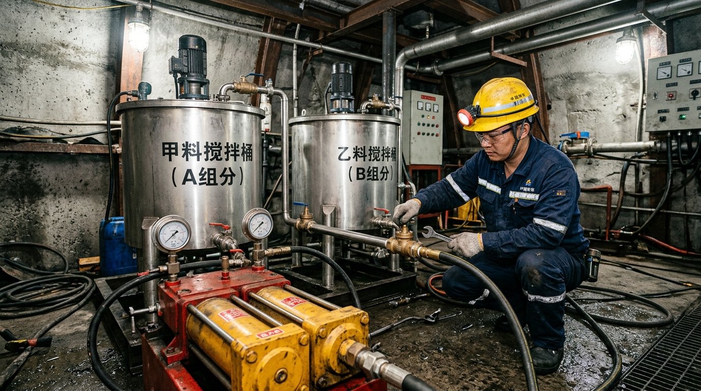 井下高水材料双液注浆泵站与沿空留巷柔模筑墙实操现场