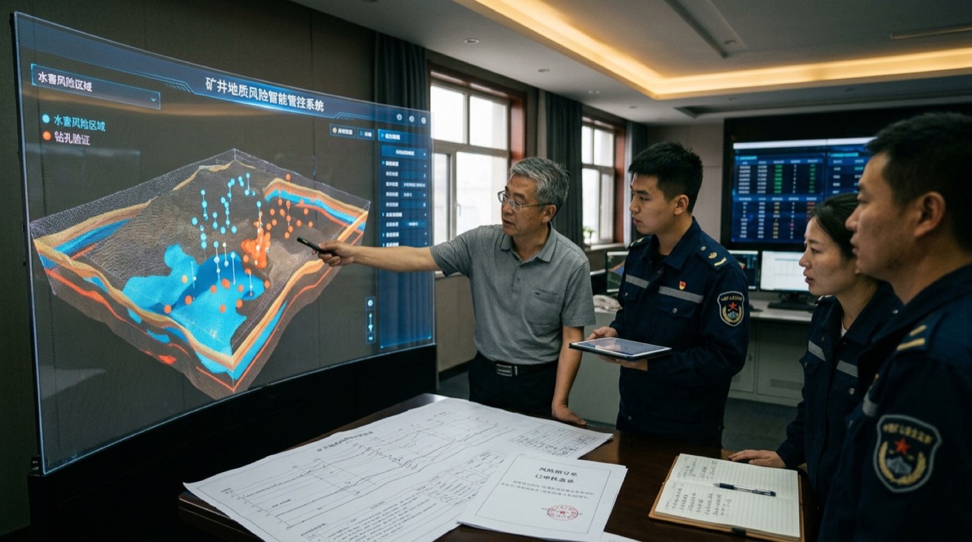 通防副总工程师与通风调度员在地面智能通风云控中心审查迎头风量风速曲线