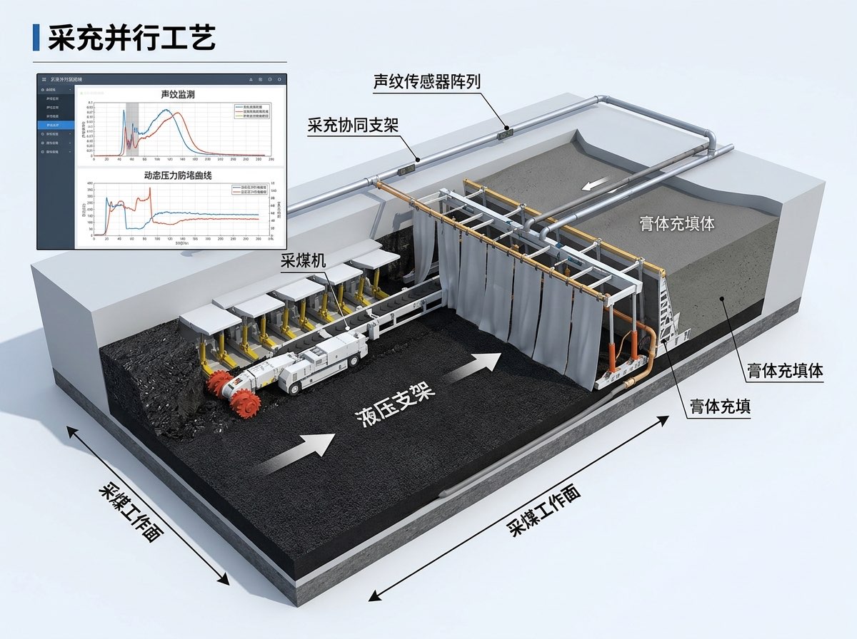 高产高效煤矿综采工作面采充平行工艺与管道防堵水力拓扑剖面图