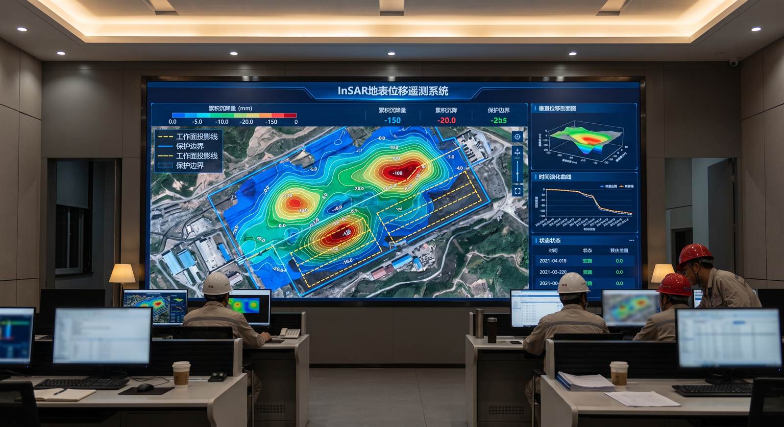 矿区调度中心中控大屏显示的 SBAS-InSAR 地表动态沉降相位图及解译结果