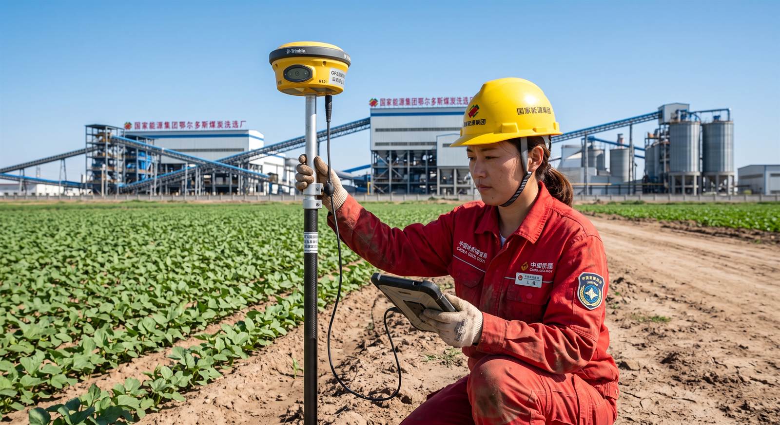 地测技术工程师在农田测区边缘校正高精度地基地震形变与GPS遥测定位设备