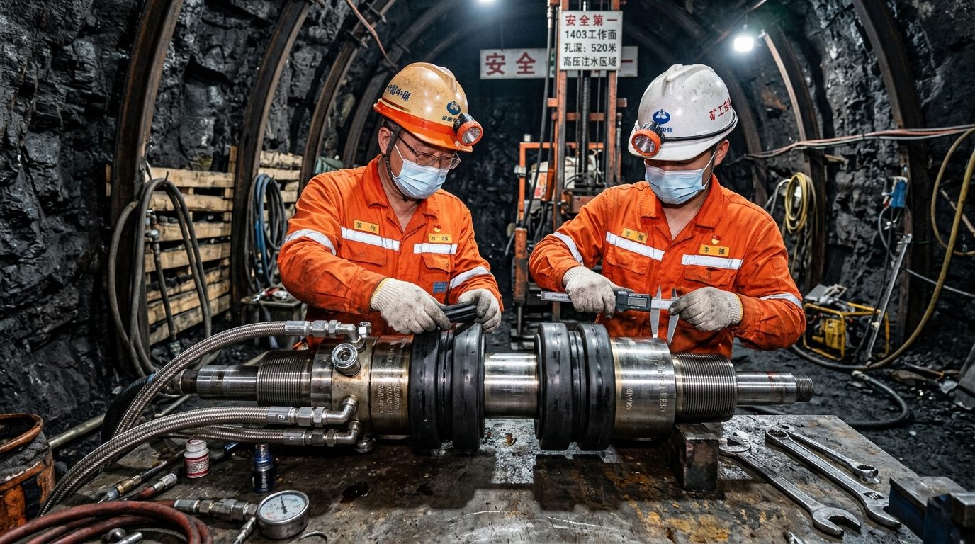 井下70MPa超高压水力压裂双向跨接封孔器精密组装与外径游标卡尺校准现场