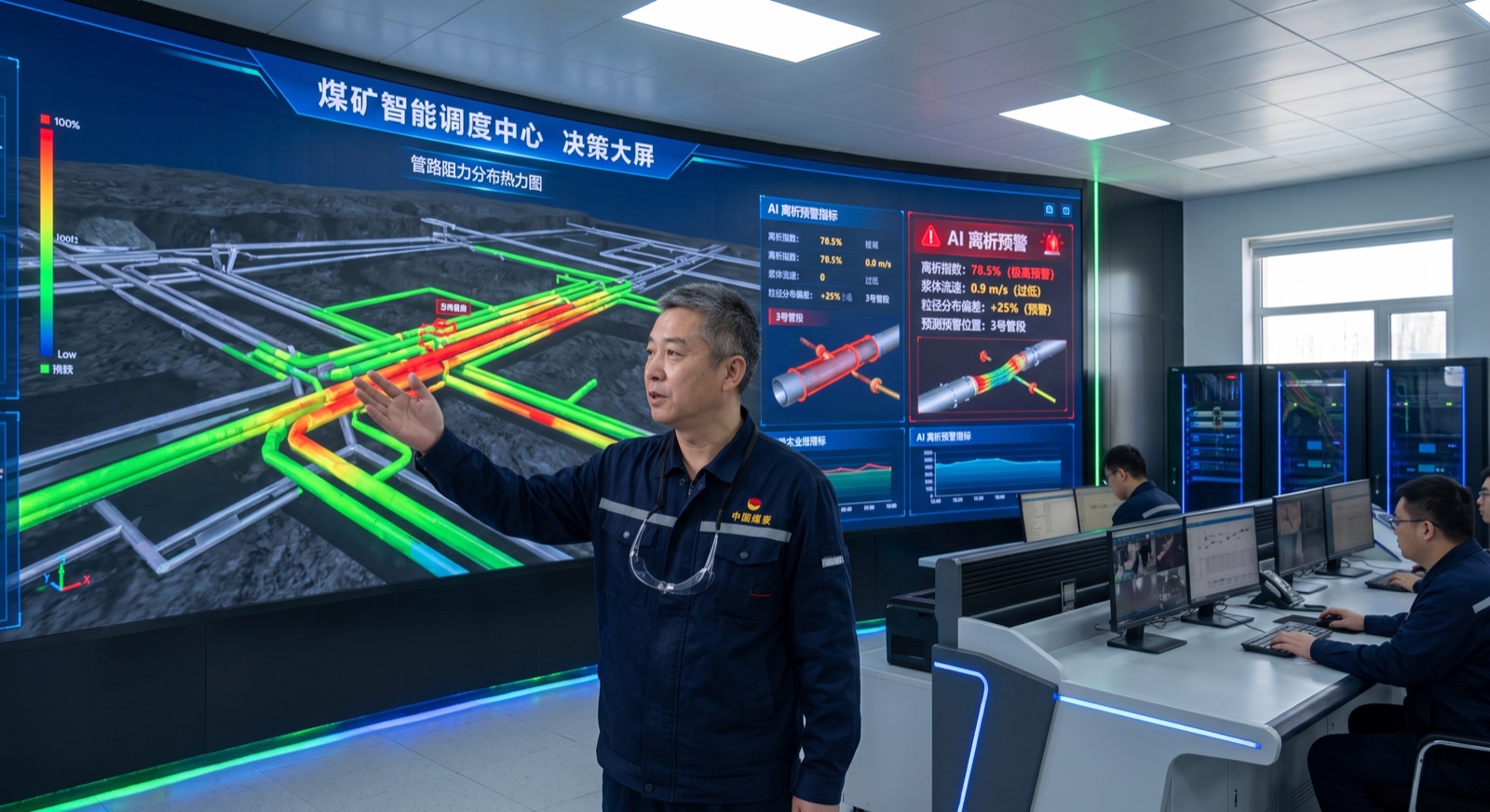 三维管道阻力热力图与 AI 离析预警数字孪生中控大屏