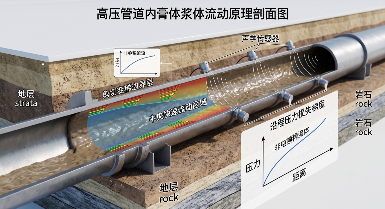 浆体流变非牛顿流体剪切稀化与管壁边界层剖面示意图