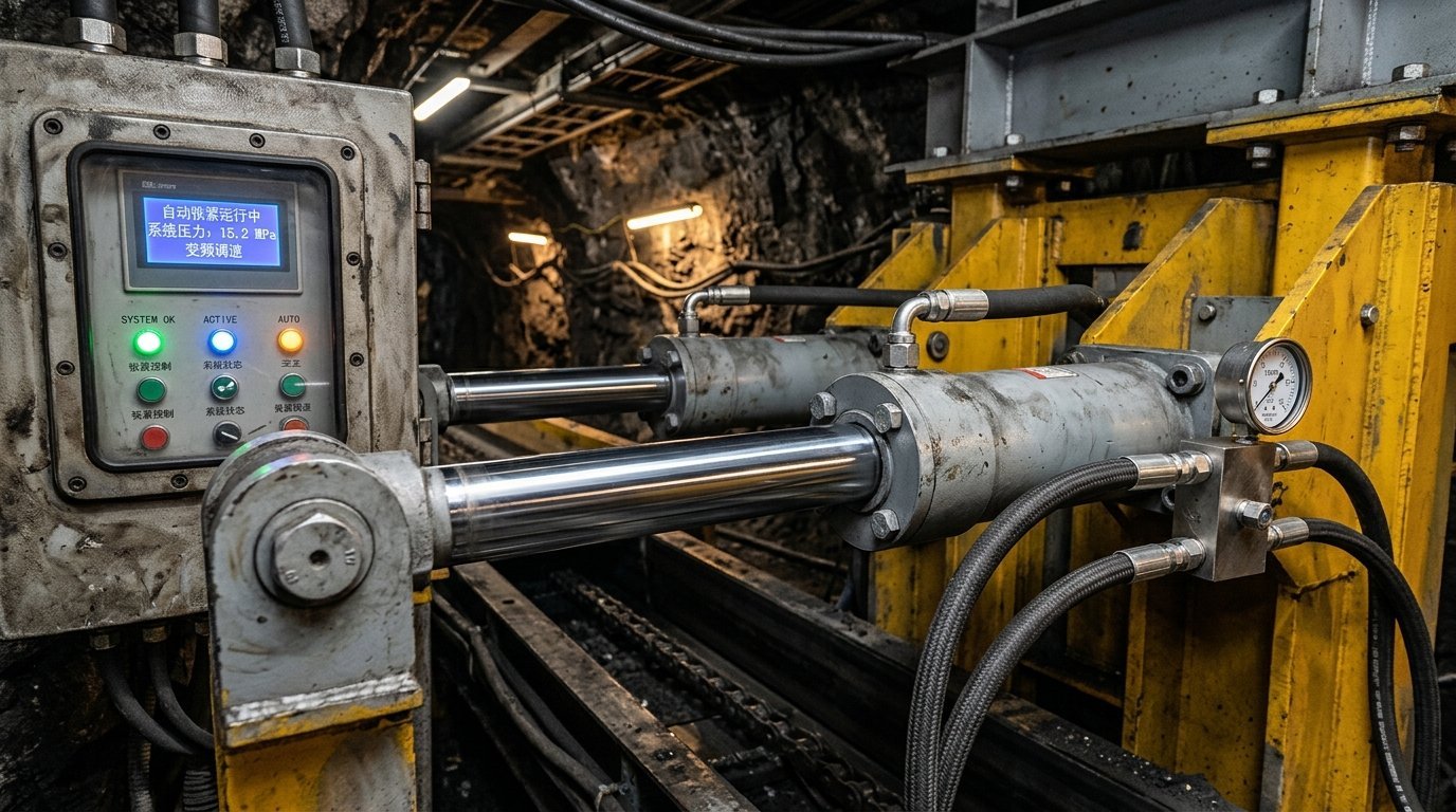 煤矿综采工作面防爆电液控主阀组与精密推移行程传感器特写