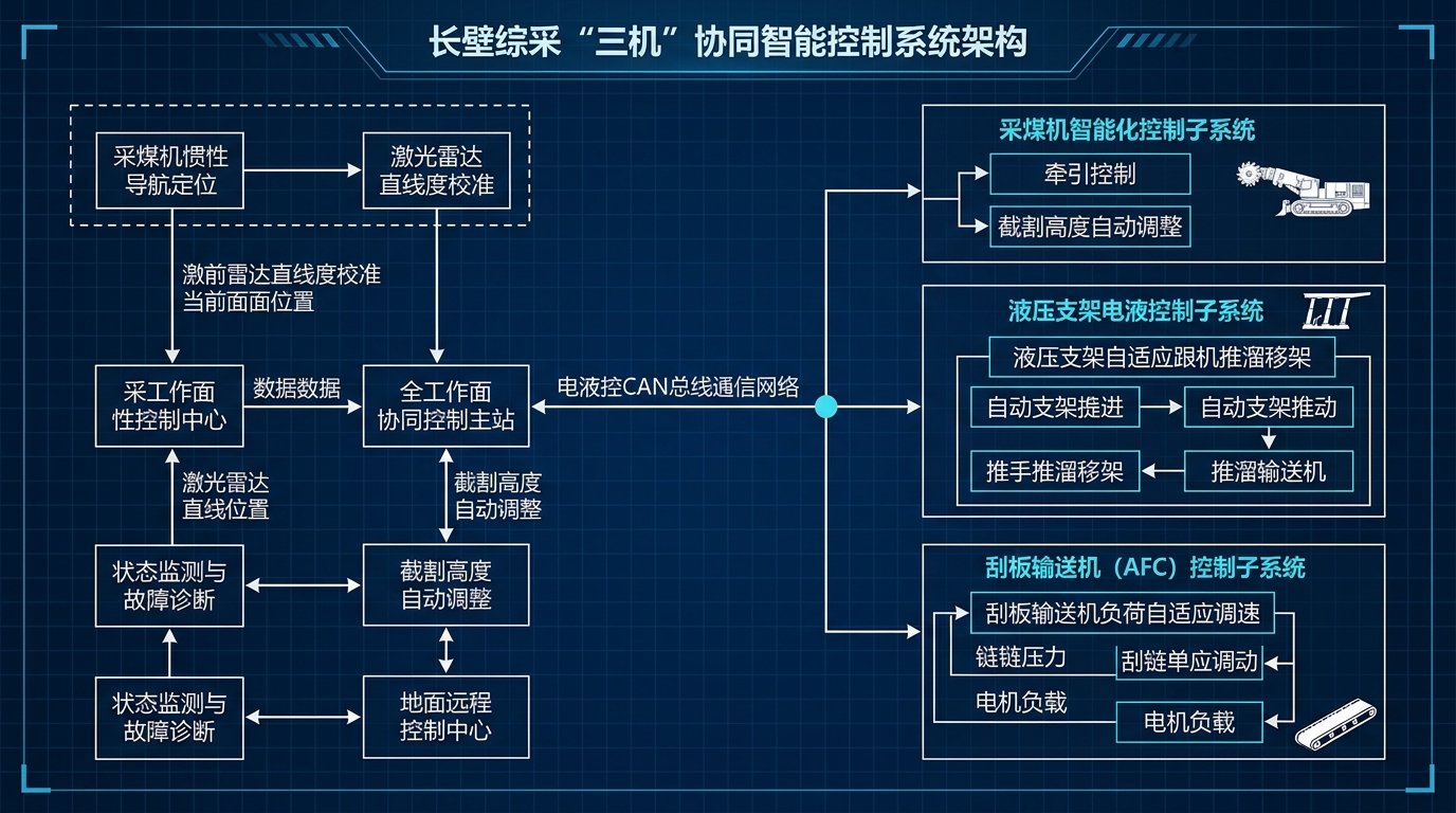 煤矿综采工作面三机协同智能联动与自适应跟机系统架构拓扑图