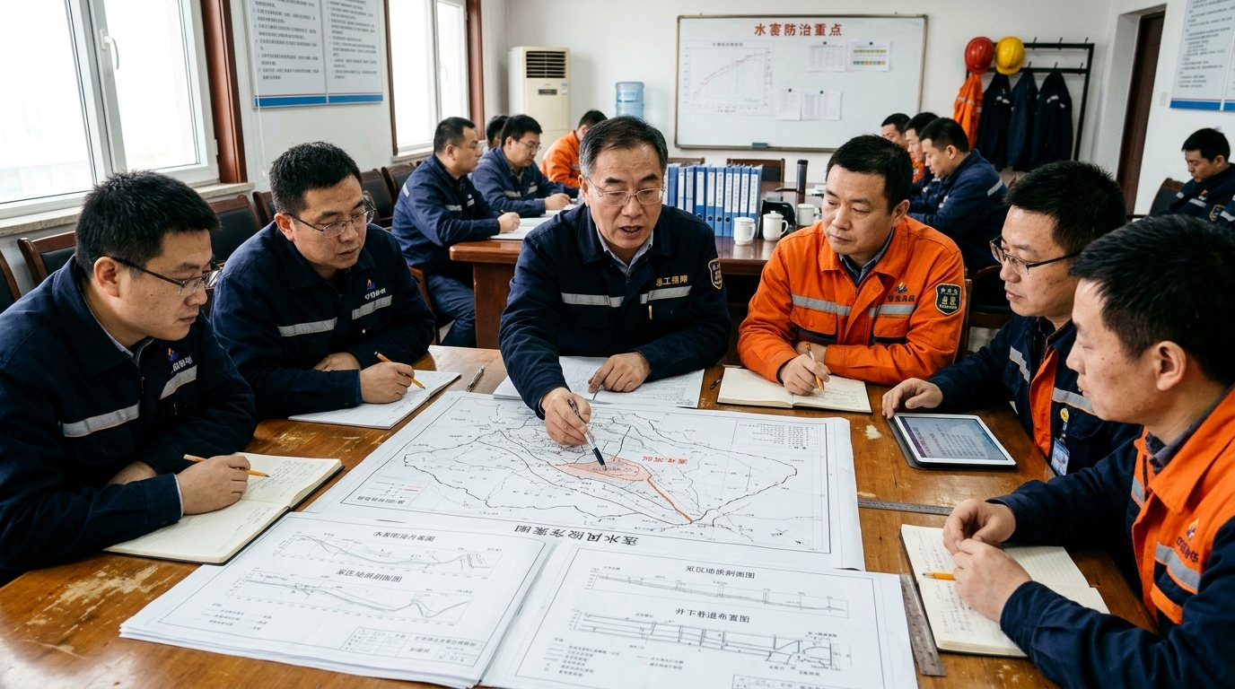 煤矿总工程师、地测防治水科长在三维地质透明模型大屏前签署安全开采评估论证