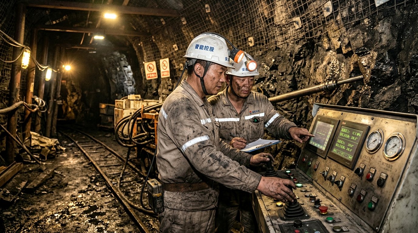 煤矿现场地测技术人员与钻探工程师使用定向钻机进行隐蔽含水构造超前核验