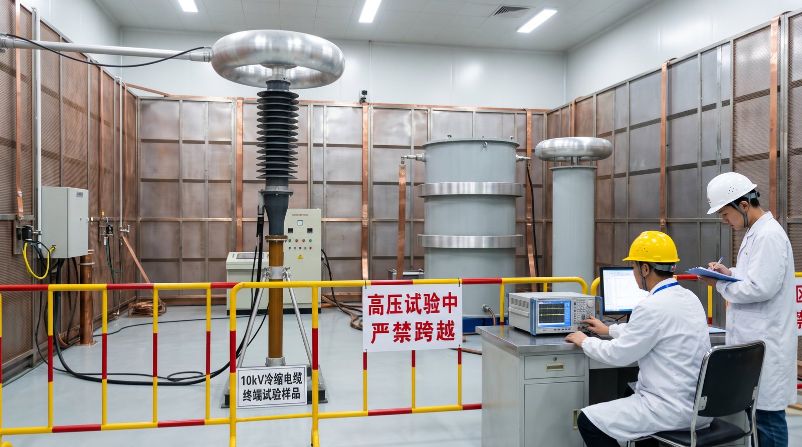 高压实验室中对10kV冷缩终端头缺陷样品进行局放与耐压试验
