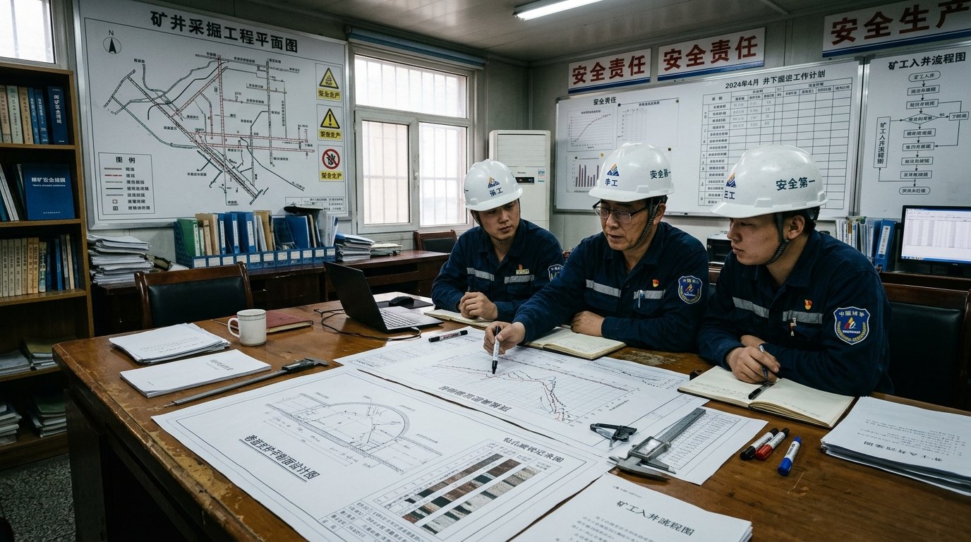 煤矿总工程师与掘进支护团队会审顶板离层在线监测曲线与钻孔窥视台账