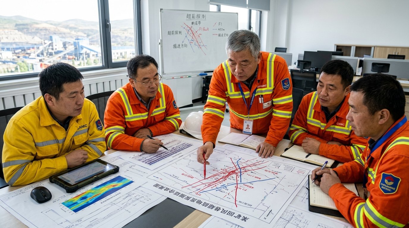 煤矿地测总工团队审查掘进随探地质图纸与隐蔽致灾防范方案现场