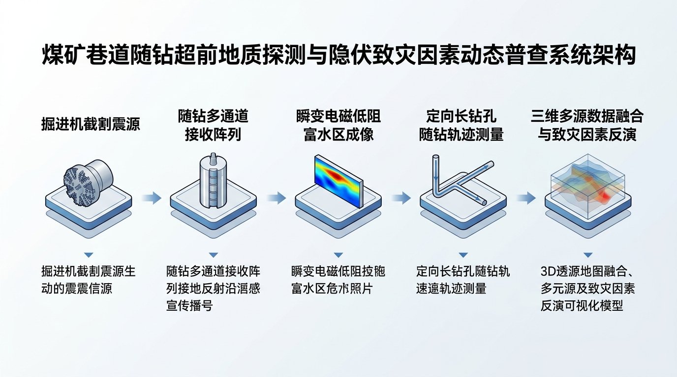 煤矿掘进工作面随掘超前地质物探与千米定向钻探协同探测技术拓扑图