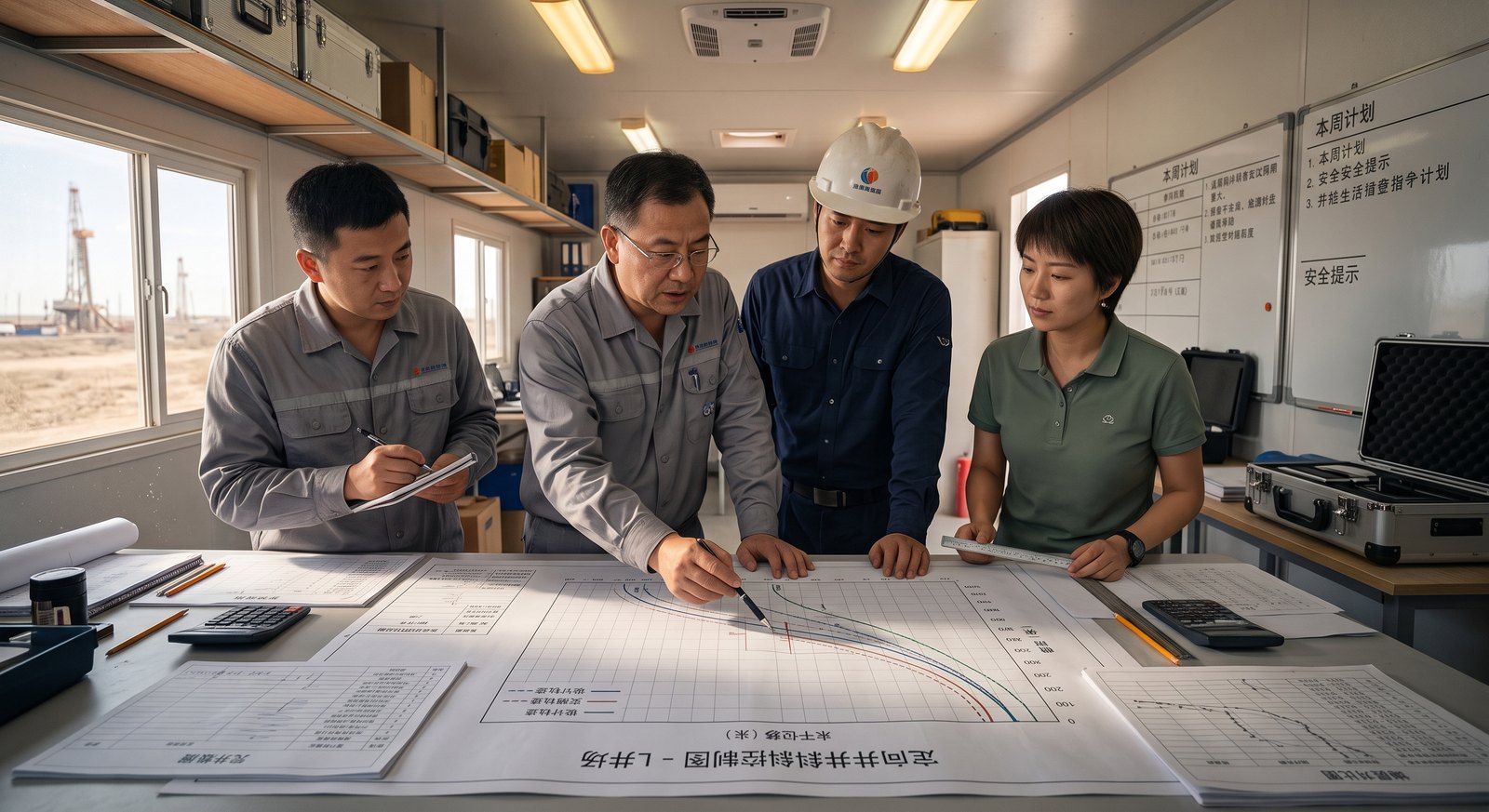 煤矿矿长总工程师与水文地质专家在指挥调度中心会审光纤三带监测成果