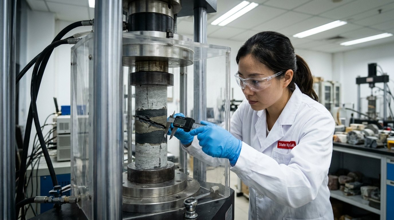 岩石力学实验室对注浆固结体岩心进行单轴抗压强度与剪切破坏试验