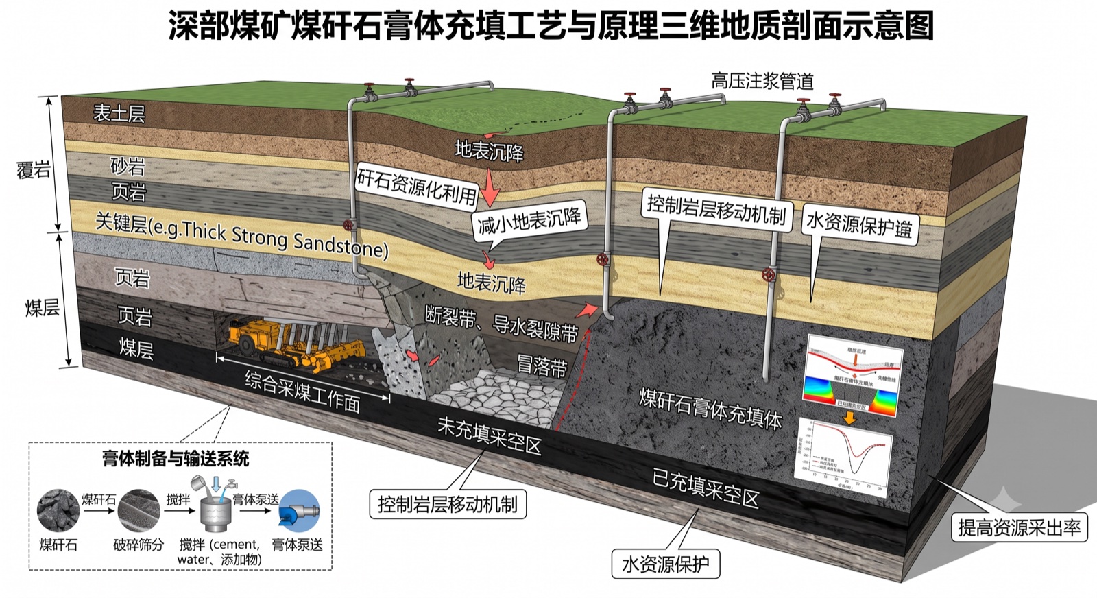 煤矸石膏体充填水化胶结原理与地质剖面图