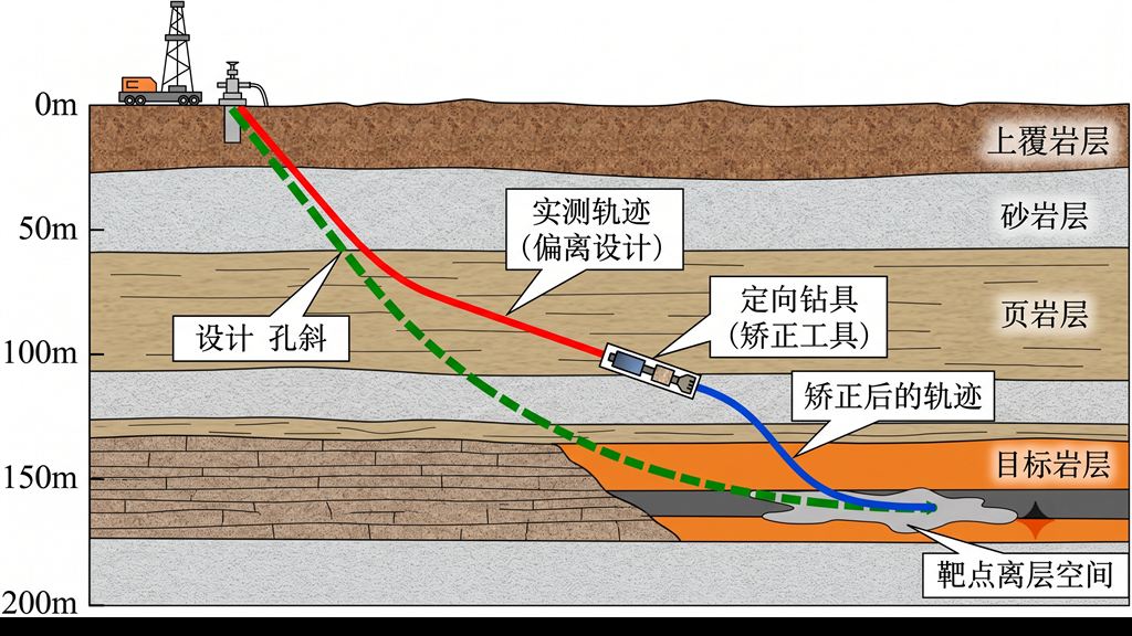 随钻测斜定向分支注浆孔滑动定向及造斜轨迹纠偏路径图