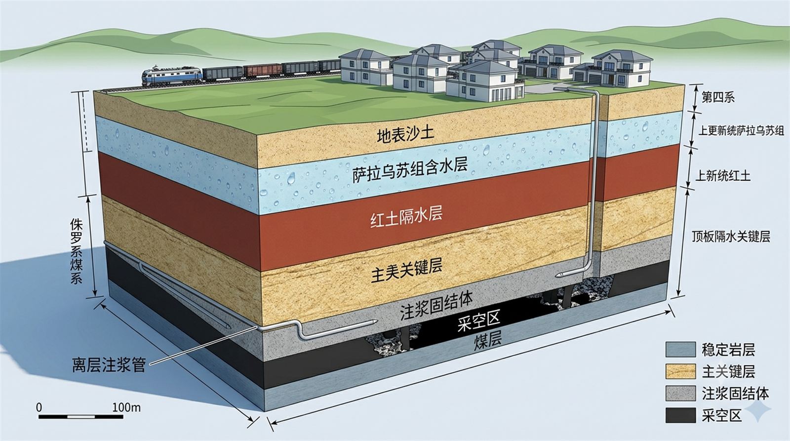 三下压煤隔离注浆技术地表减沉与关键层控制剖面
