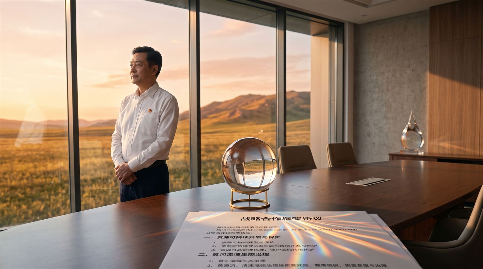 鄂尔多斯总工办公室大玻璃落地窗俯瞰夕阳草场的决策场景