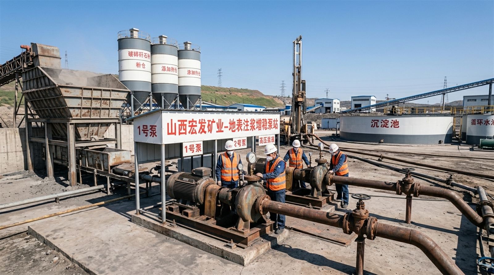 地面高压注浆泵站与管道施工现场