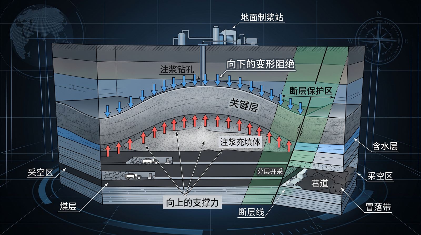 离层注浆刚性垫层防冲与减沉双向力学机理