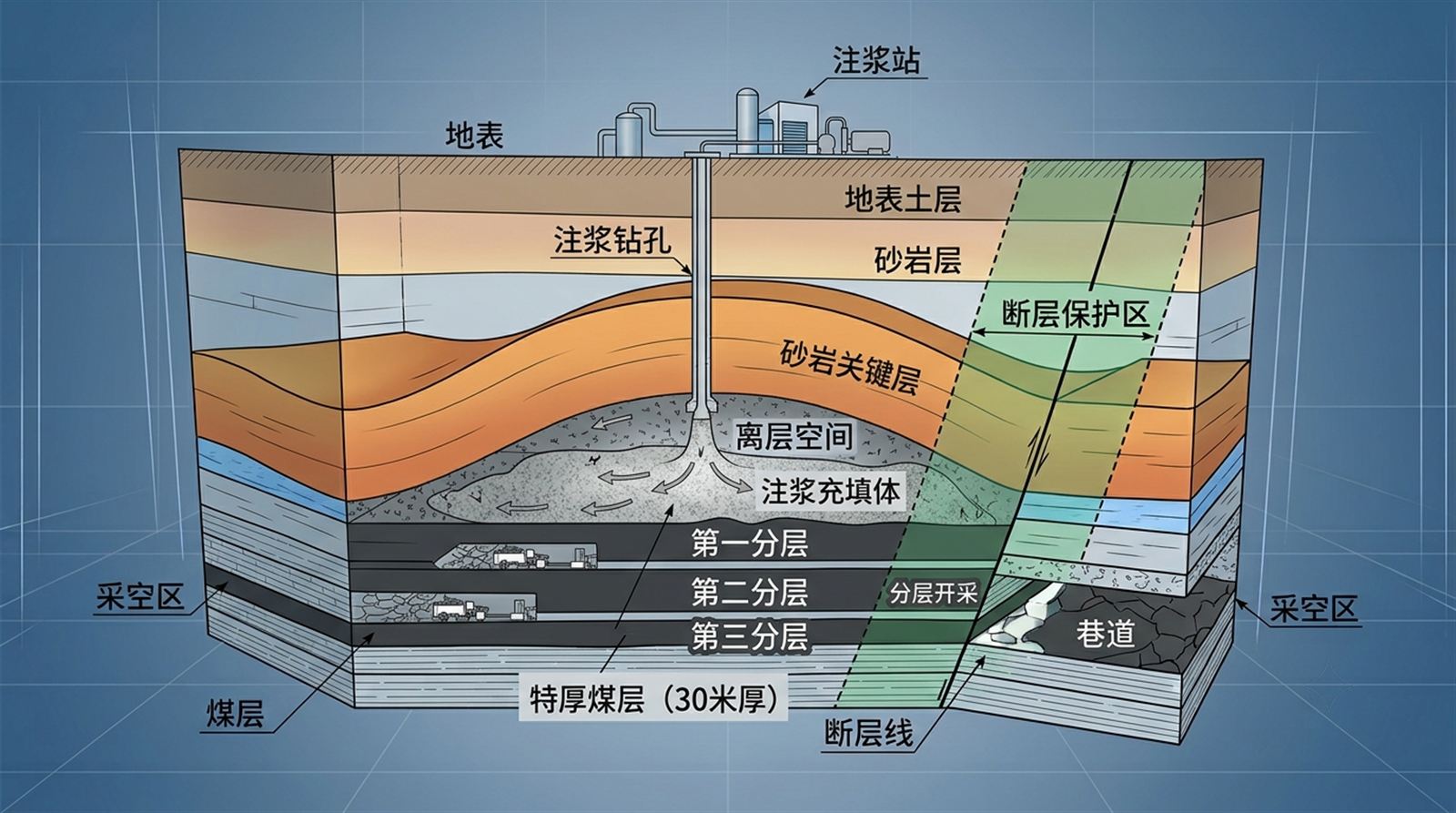 新疆特厚煤层分层开采覆岩隔离注浆结构图