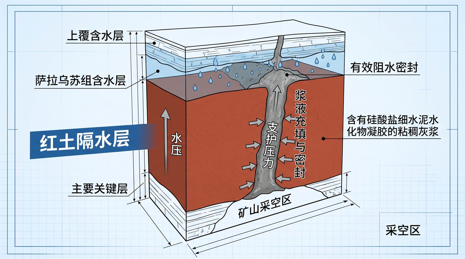 高粘度悬浮浆体封堵裂缝并阻绝水流漏失示意图