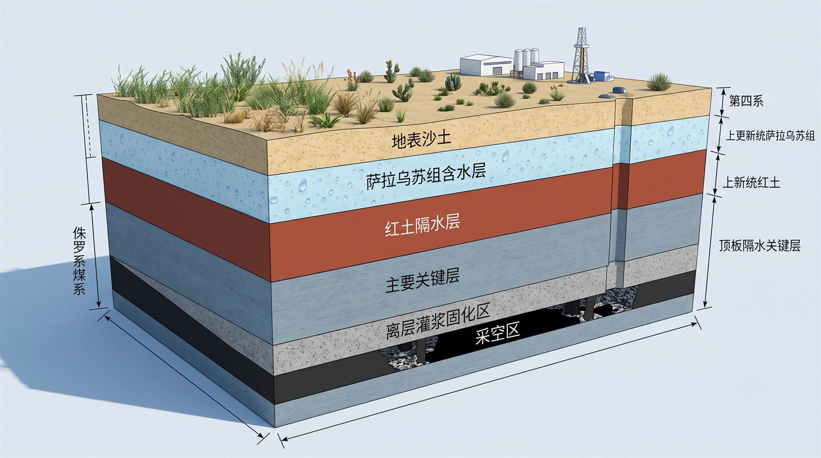 陕北薄基岩采煤与萨拉乌苏组含水层红土层保护剖面