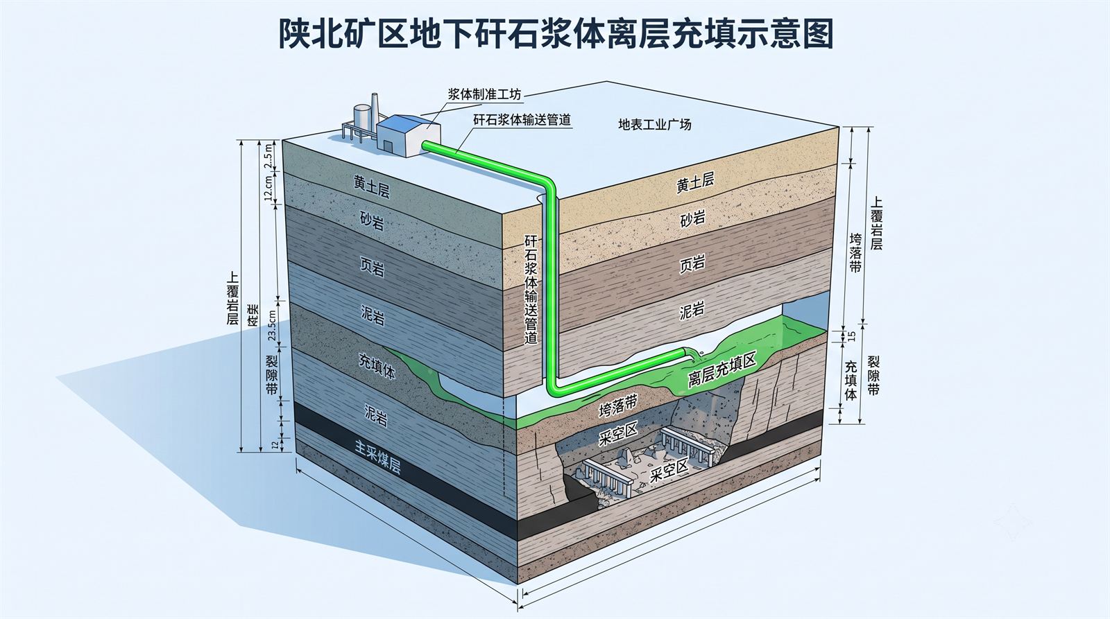 煤矸石地面超细研磨悬浮浆体管道输浆及离层原位回填示意