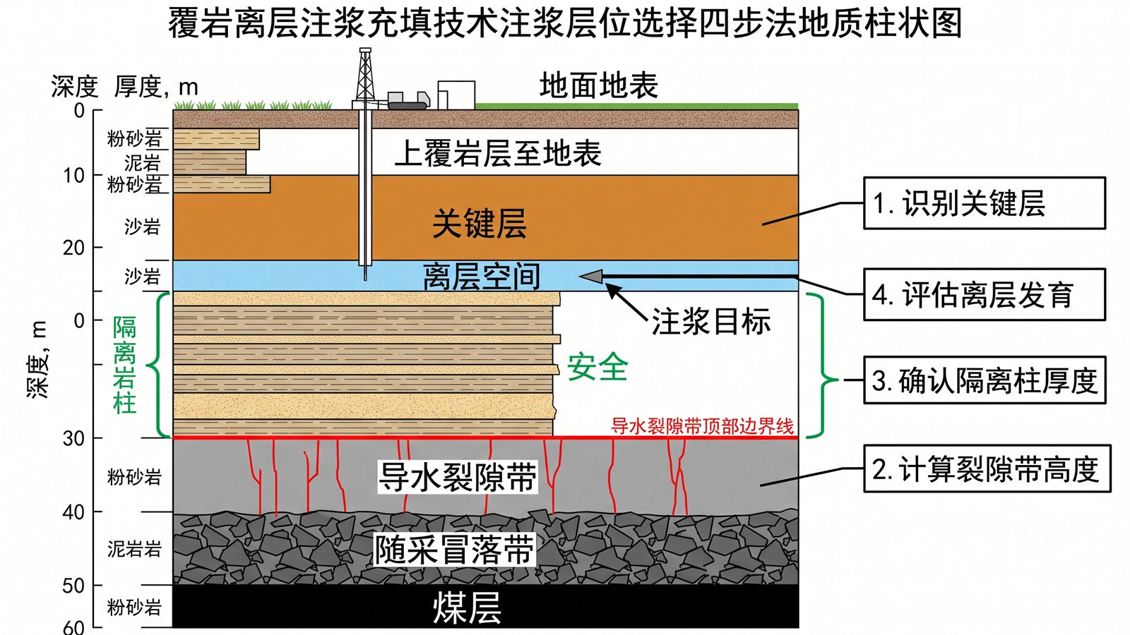 覆岩离层注浆层位选择与安全边界示意图
