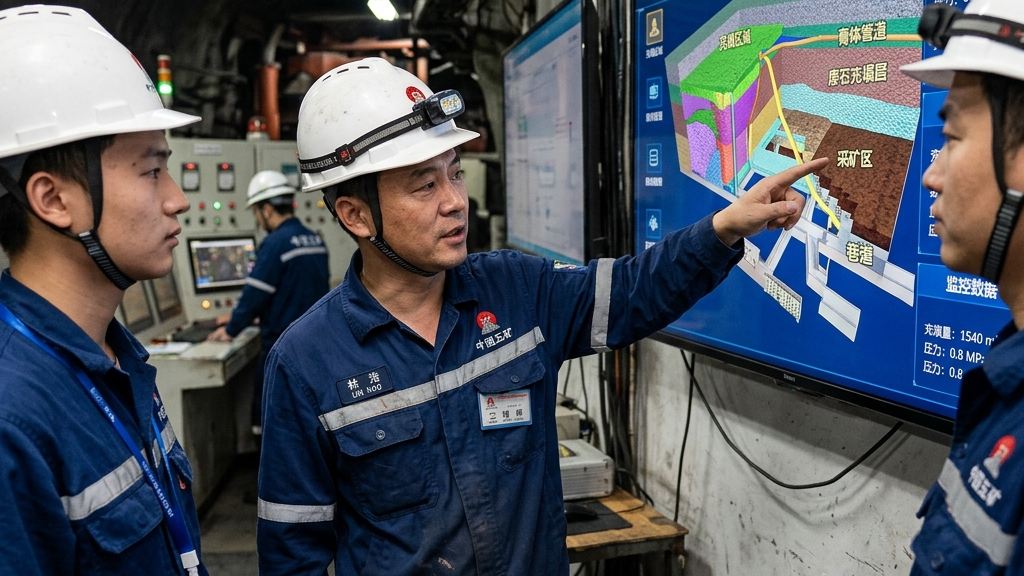 煤矿中控调度大屏前，总工程师与技术员进行协同调度决策