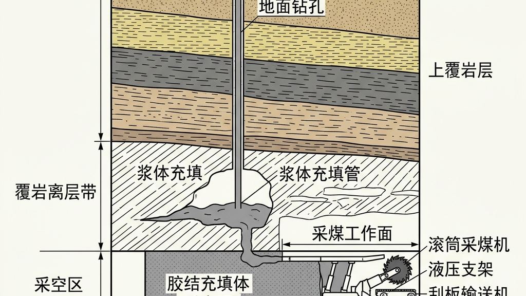 井下采空区膏体充填与覆岩离层注浆协同承载示意图