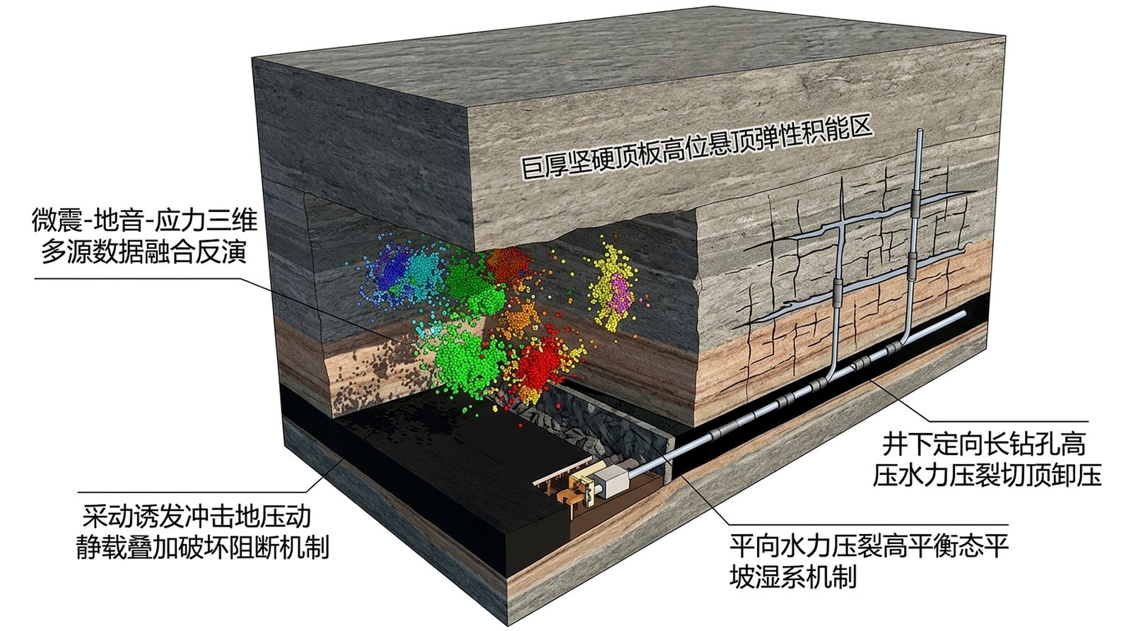巨厚坚硬顶板高位悬顶弹性积能区-微震地音应力三维多源数据融合与定向长钻孔高压水力压裂切顶力学模型