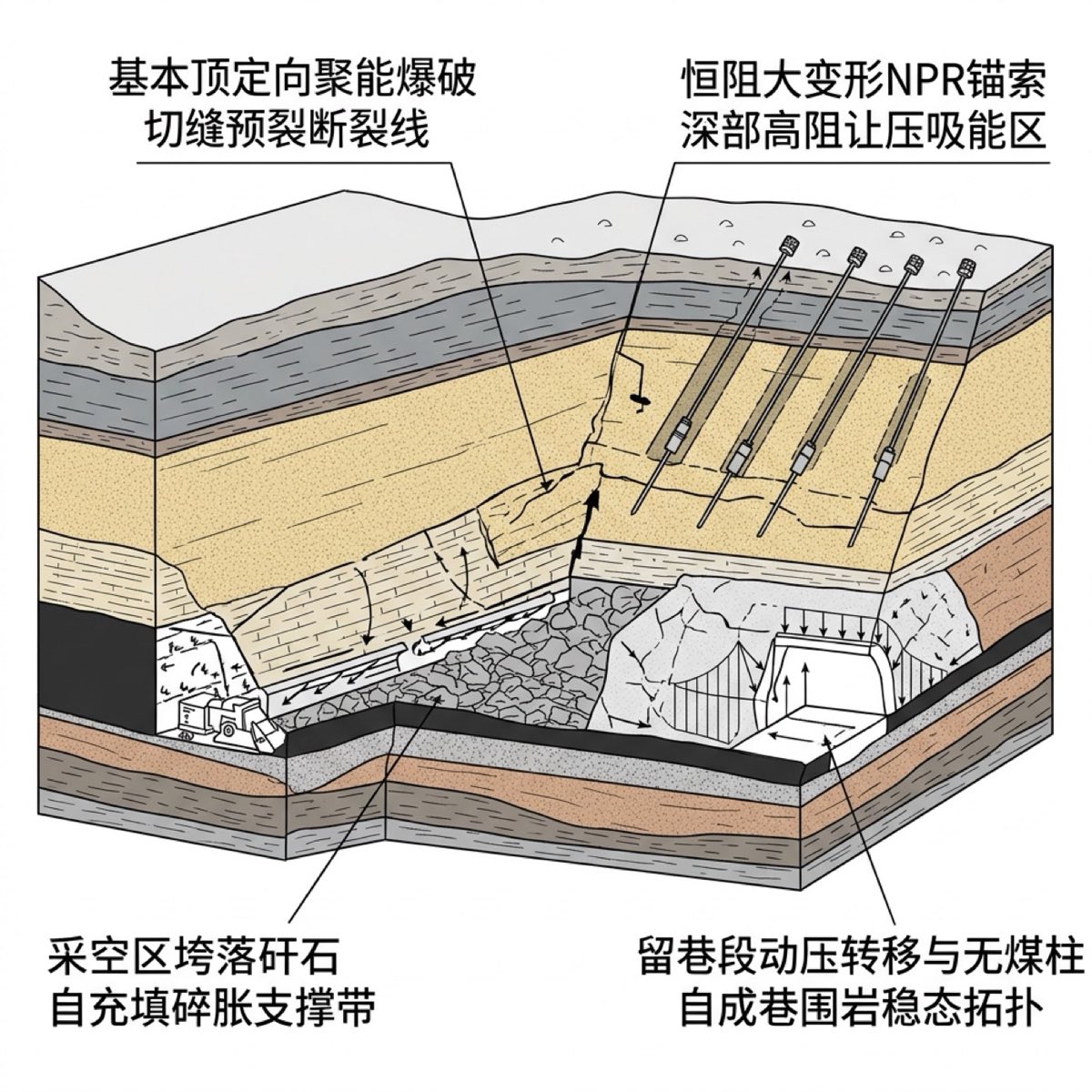 基本顶悬臂梁定向聚能切顶破断卸压与NPR恒阻大变形锚索释能吸能力学模型