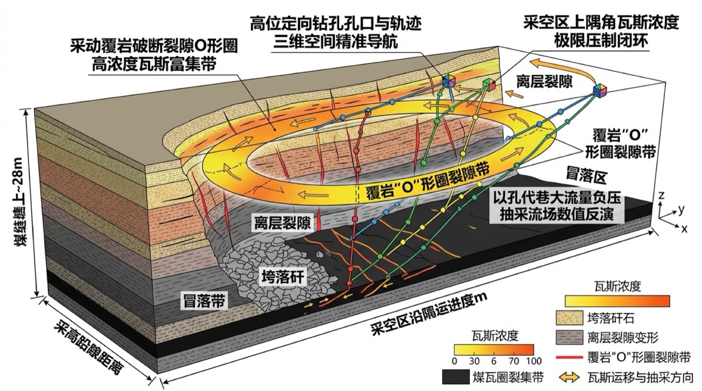 综采采空区覆岩采动裂隙“O形圈”空间展布与高位定向长钻孔靶区受控延伸机理